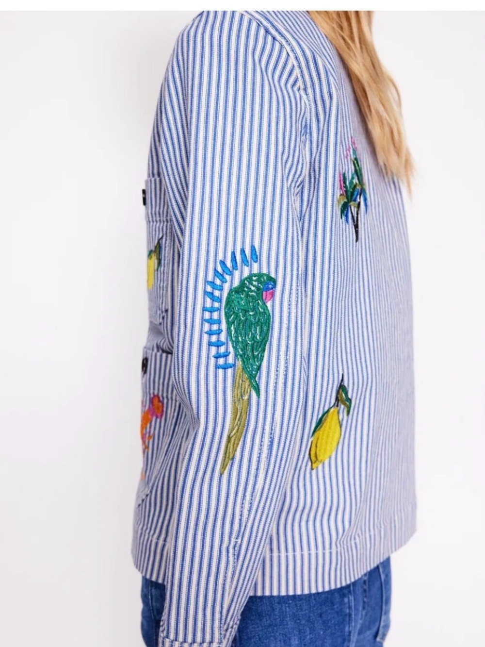 Boden Embroidered Utility Jacket Blue White Striped Tropical Women’s Size 10 - Picture 5 of 13